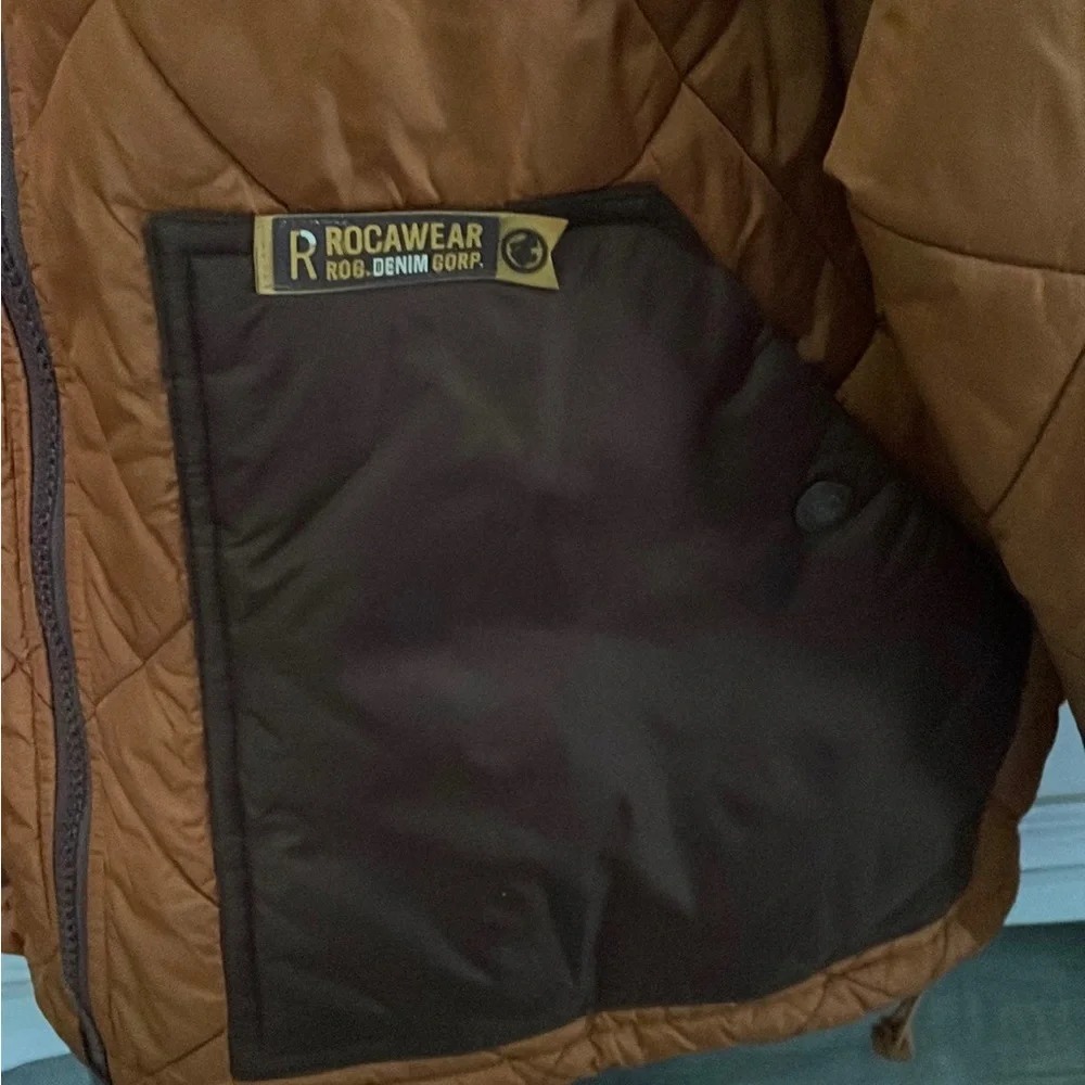 Rocawear Jacket ROC Denim Corp Brown Quilted Puffer Color Block Large Size 3 - Picture 4 of 12